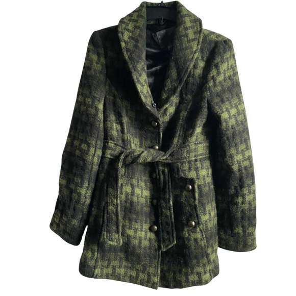 BKE Wool Blend Green Black Check Peacoat Clueless  Preppy Tie Waist Coat Sz M - Picture 1 of 12